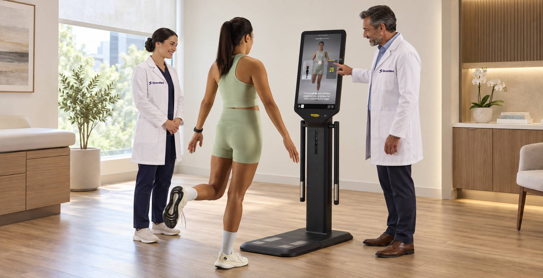 Technogym Checkup balance assessment with two SimonMed clinicians