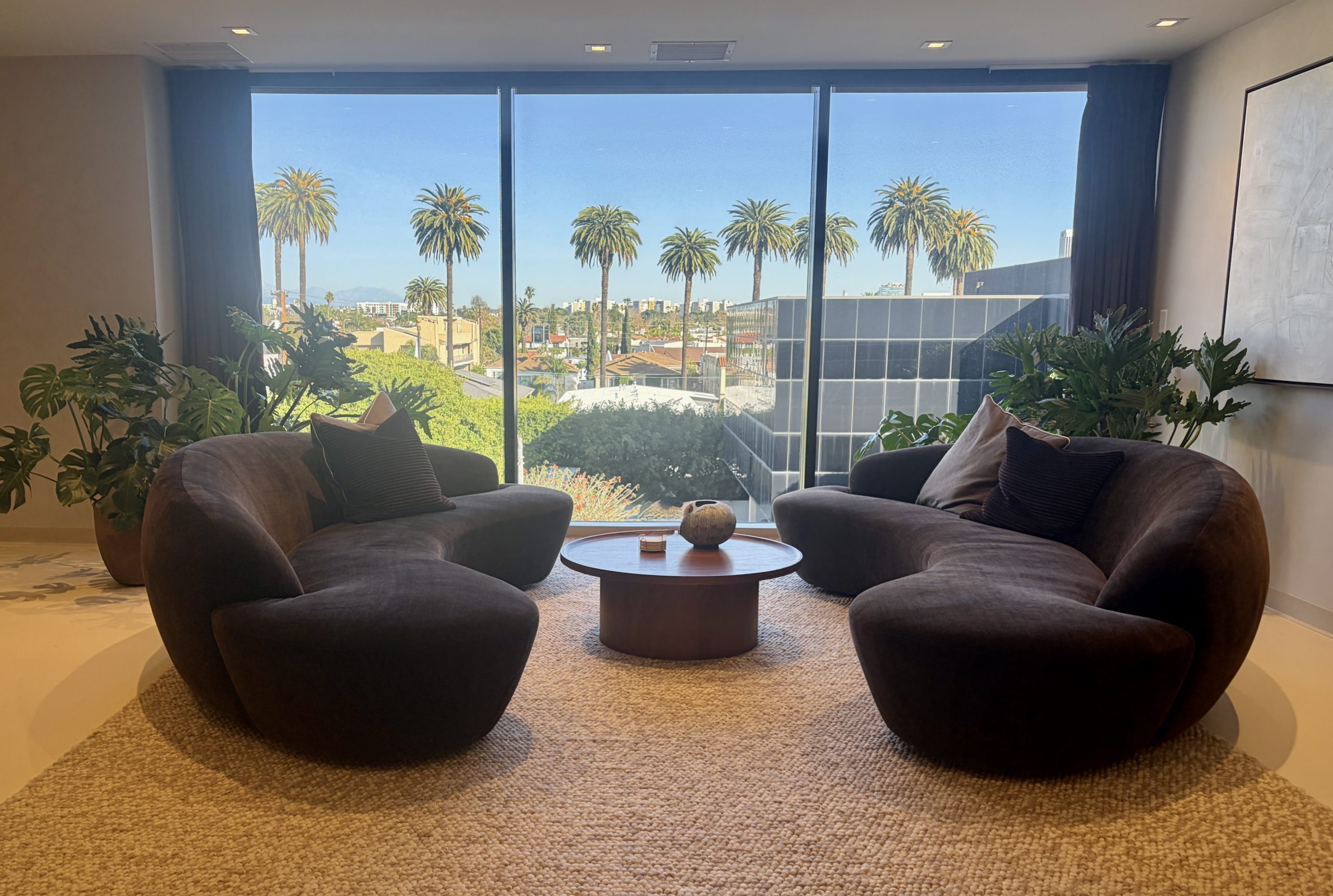 Comfortable clinic lounge overlooking palm trees