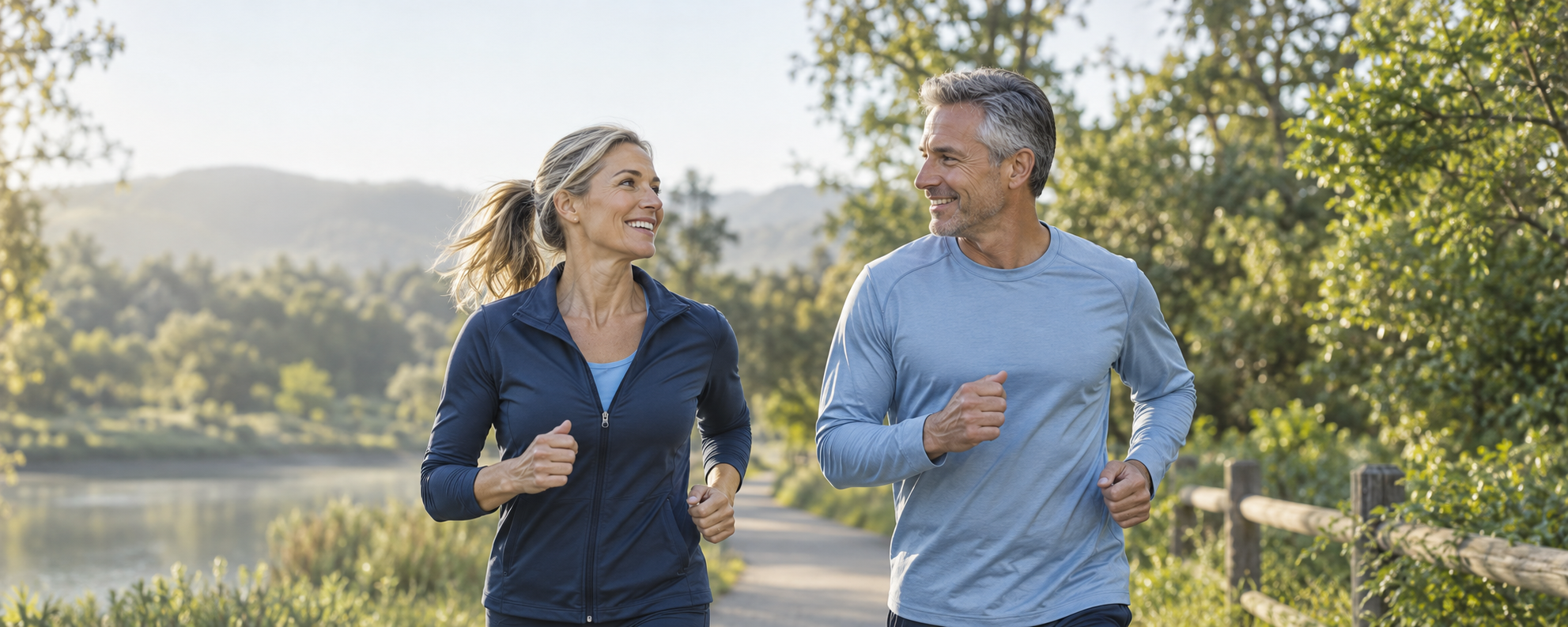 An active couple running together outdoors